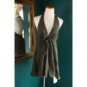 Cider NWT Dark Floral Ditsy Green Halter Deep V Neck Mini Dress Cottage Forest L
